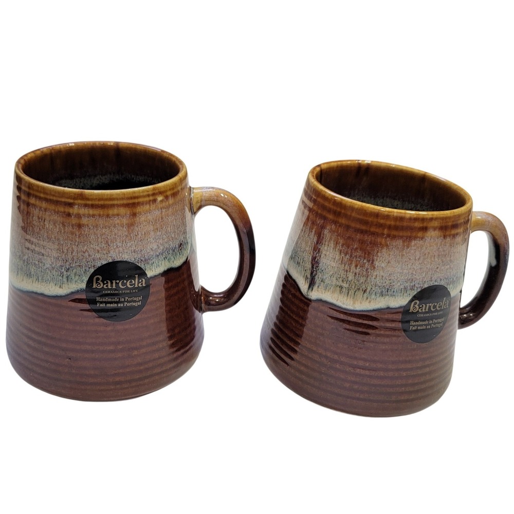 Barcela Portugal Handmade Stoneware Coffee Mugs Set of 2 Brown Reactive Glaze